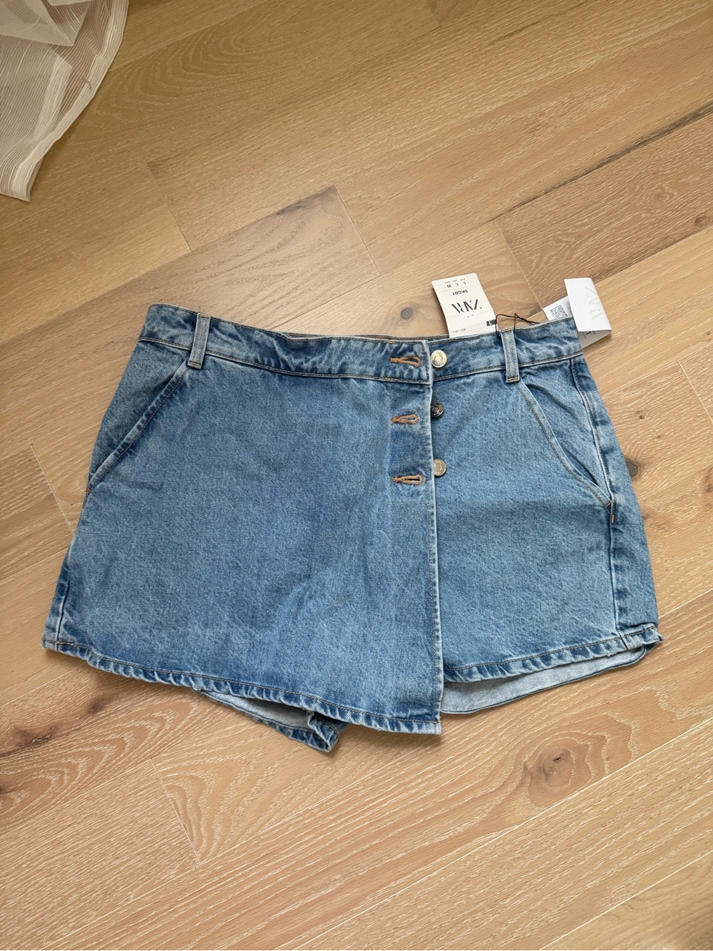 Zara Light Blue Denim Button-Front Mini Skort